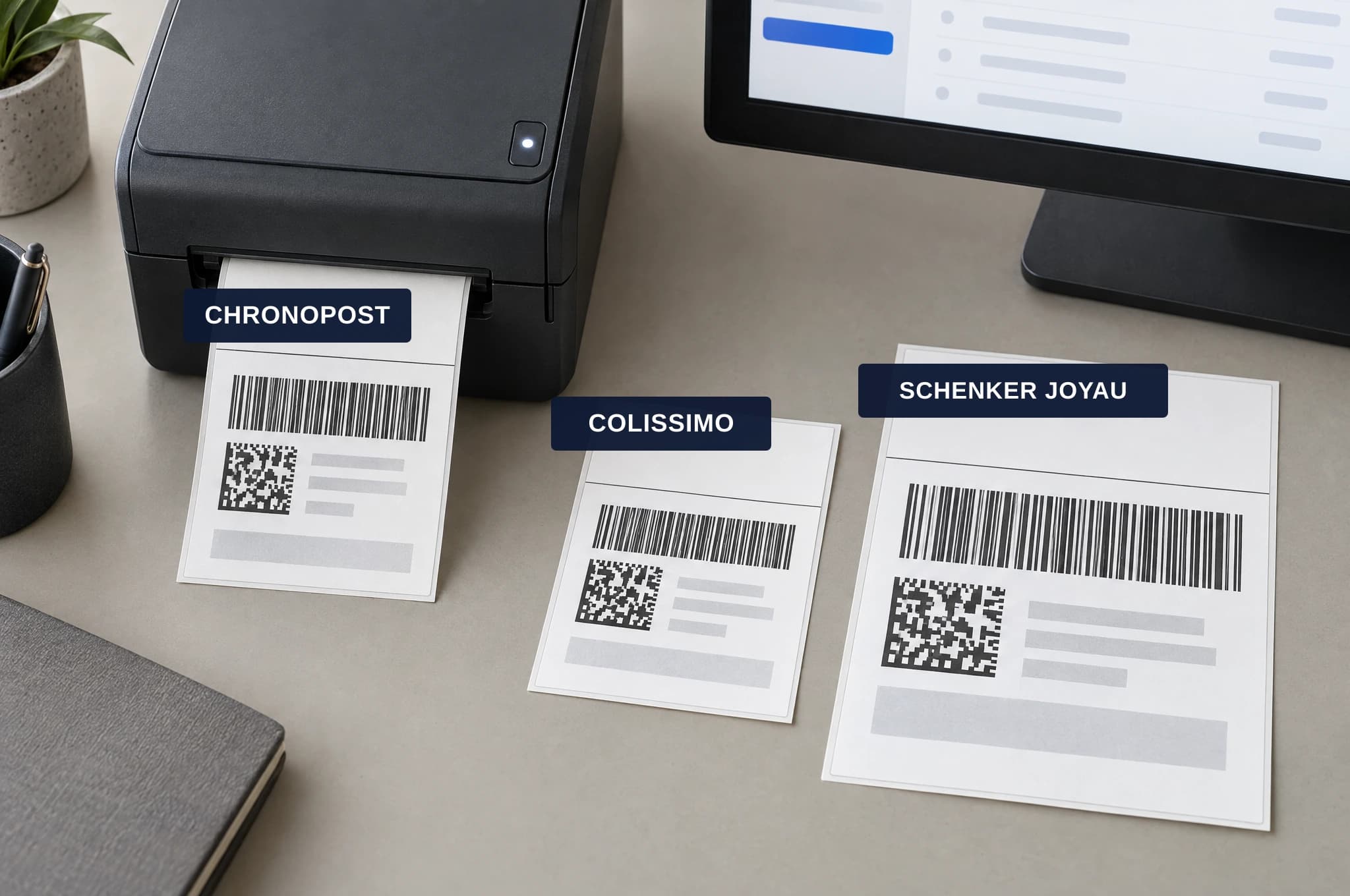 Editorial still life of three shipping-label formats bearing the names Chronopost, Colissimo and Schenker-Joyau beside a thermal printer.