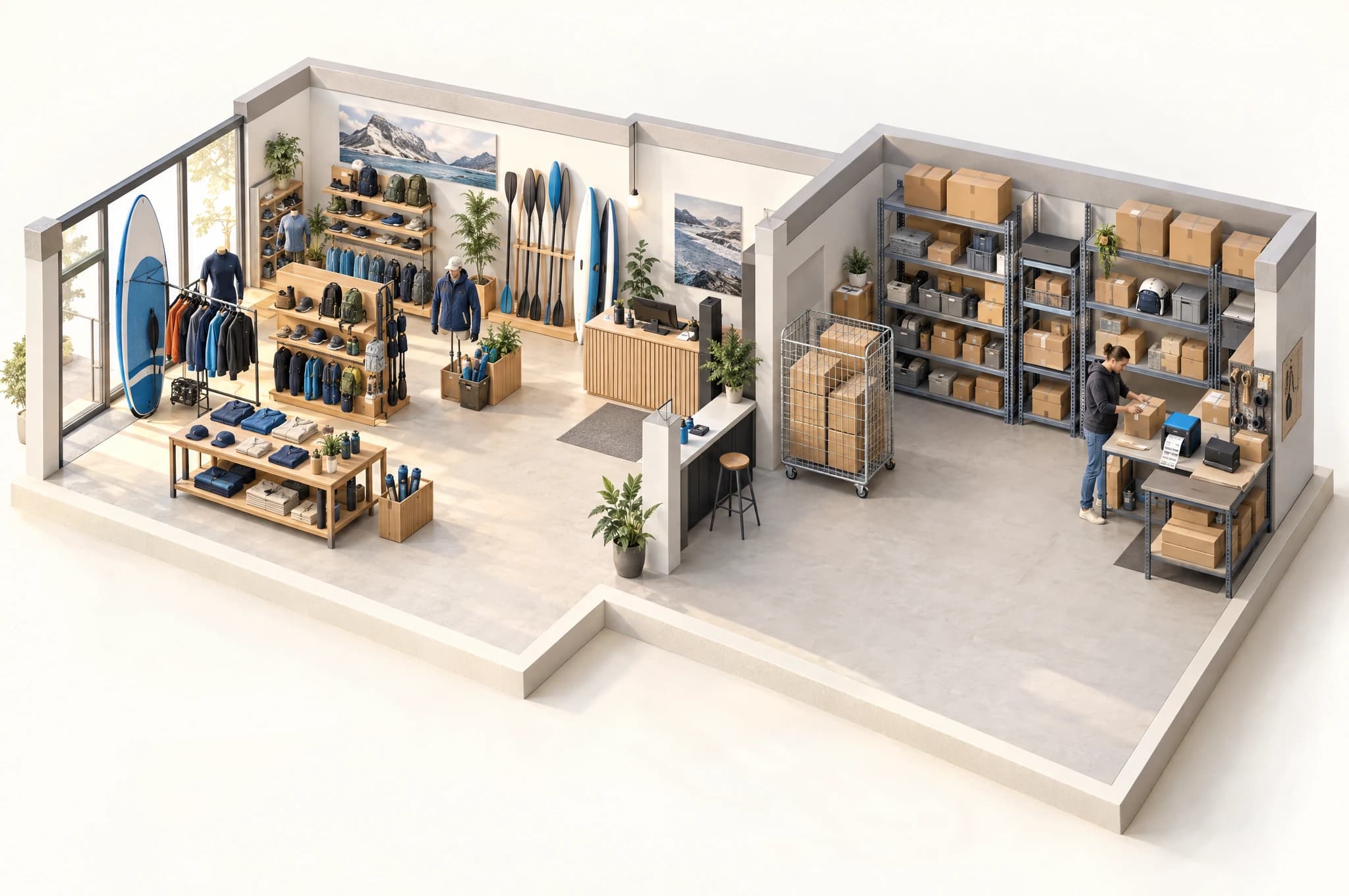 Editorial view of a water sports and outdoor store on the left, and a web-order picking area with shelving, a cart and a printer on the right.