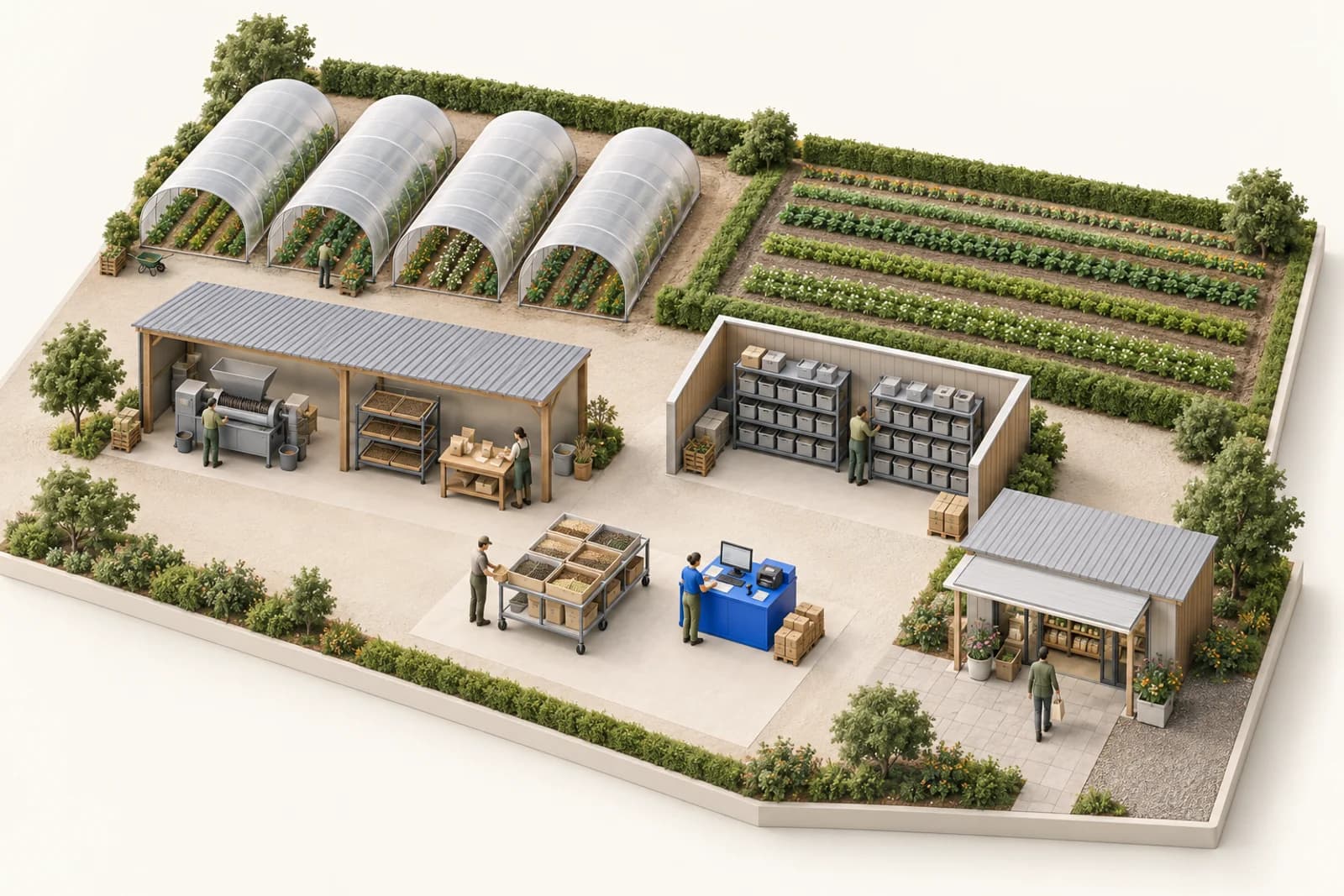 Illustrated plan of the farm site, showing production tunnels, fields, seed packing, storage, order preparation and the shop.