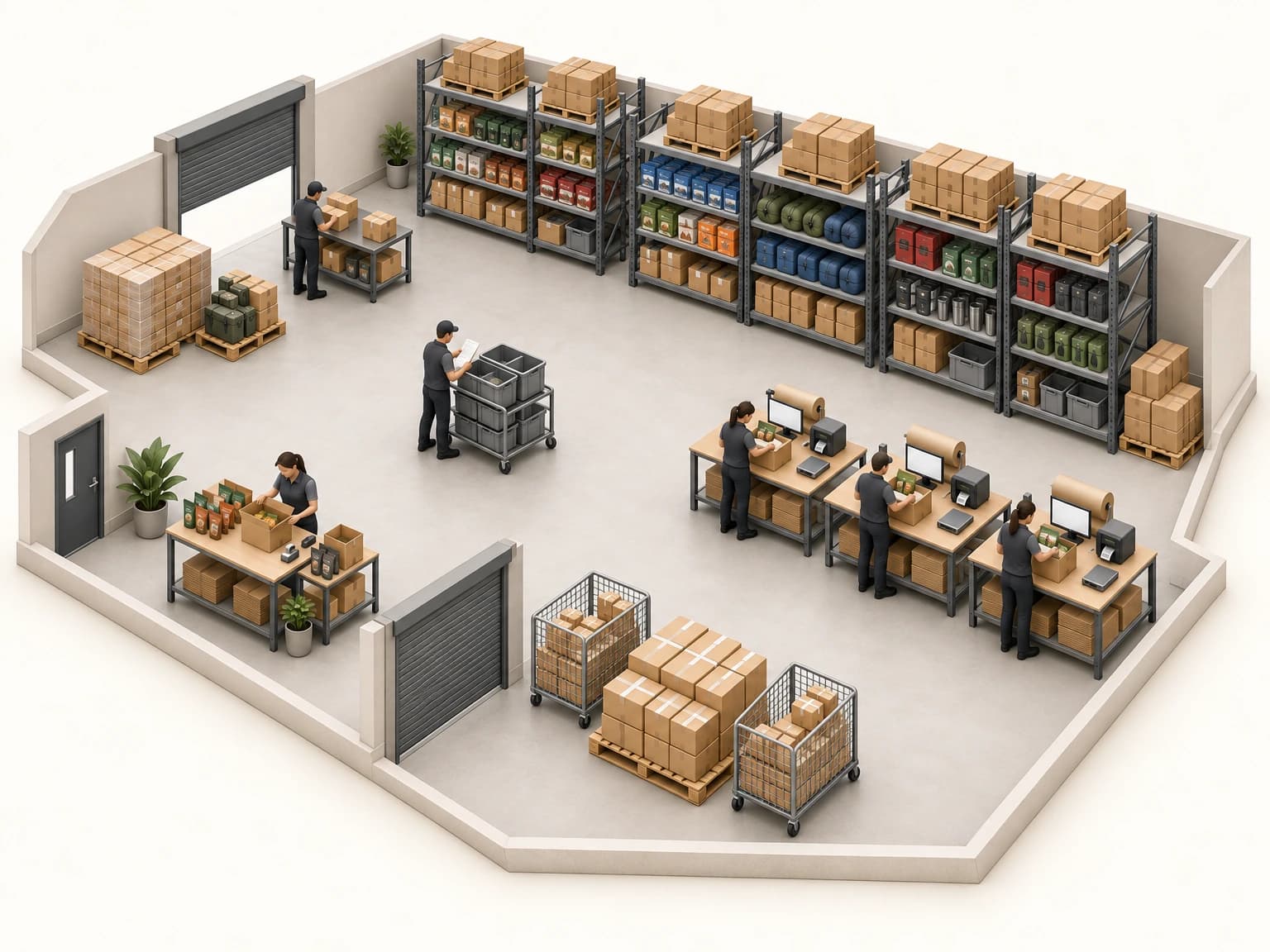 Illustrated cutaway of a warehouse with five numbered markers: receiving, storage by brand, picking, packing and shipping.