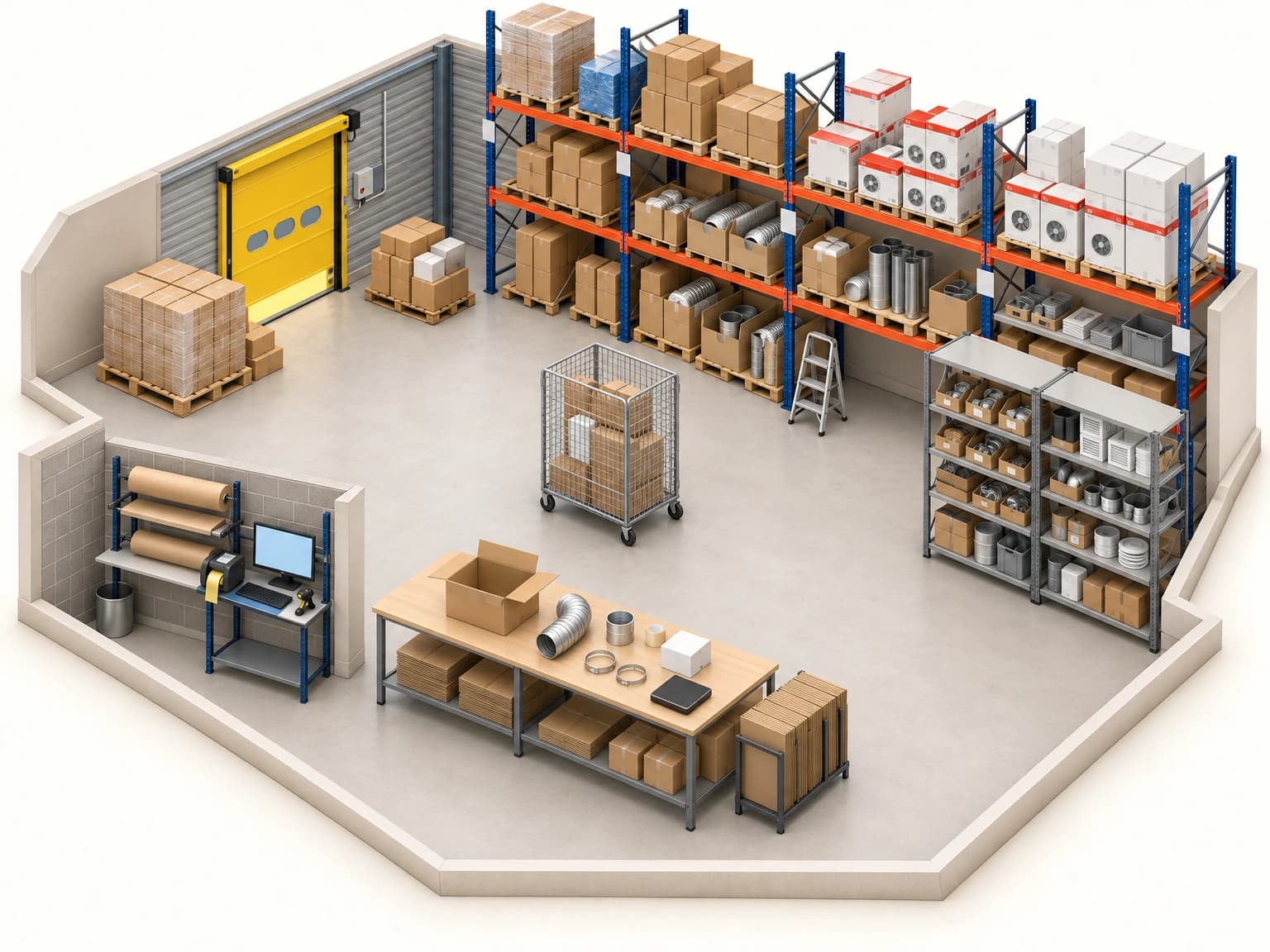 Illustrated cutaway of the warehouse, with five numbered markers: the picking path, receiving, the check at the table, shipping and the workstation connected to PrestaShop.