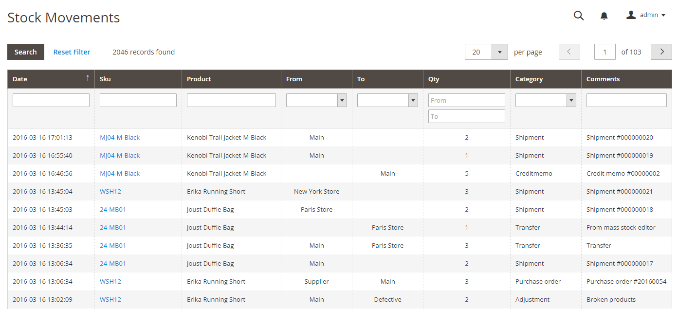 magento 2 mouvement stock